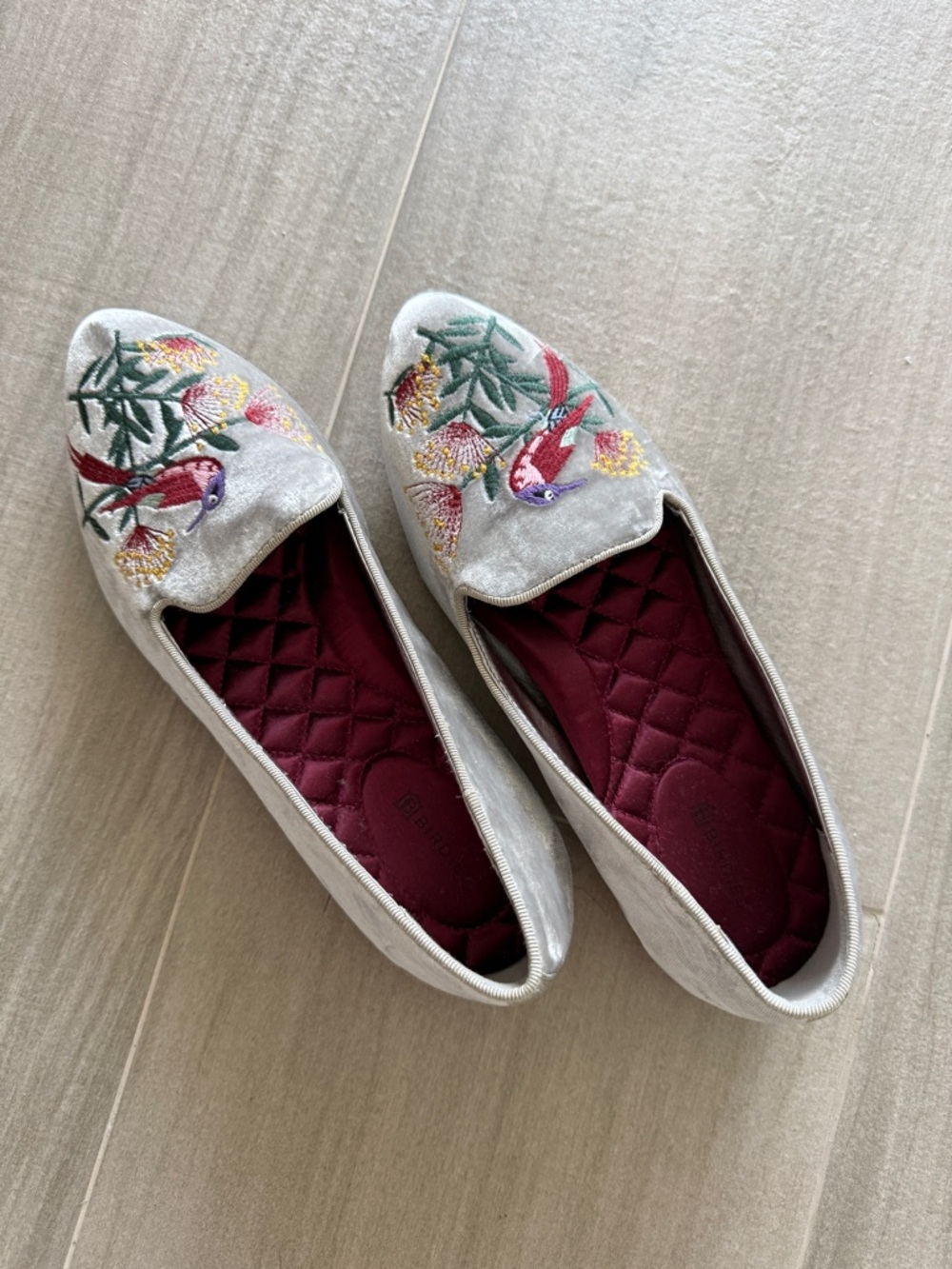 Birdies Light Gray Velvet Embroidered Slip-On Flats with Red Bird Motif